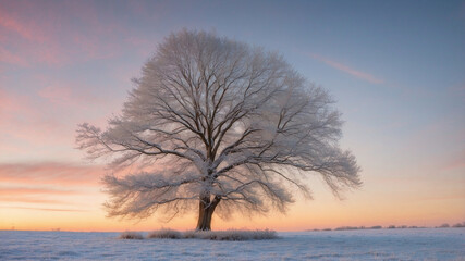Serene Winter Landscape with Frosty Tree at Dawn