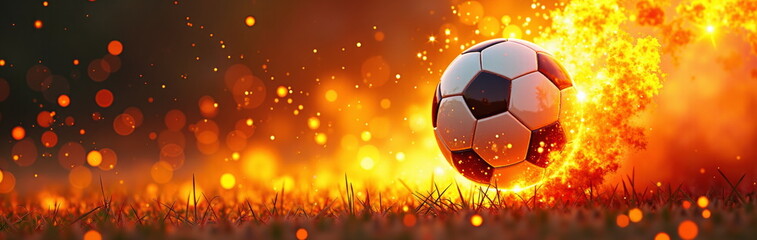 Naklejka premium Fiery soccer ball on grass with sparks - perfect for sports blogs, motivational websites, football event promotions, and energetic social media banners