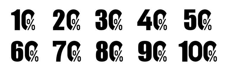 Sale tags set vector badges template. Shopping discount numbers with 10, 20, 30, 40, 50, 60, 70, 80, 90, 100 percent off.