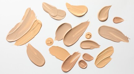 Samples of foundations on white background, top view