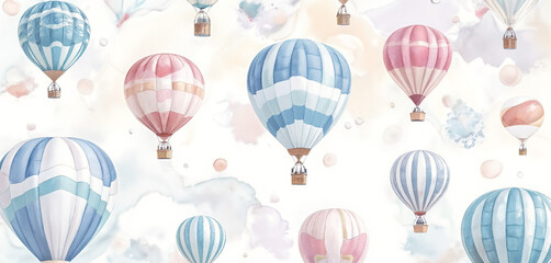 Hot air balloons in watercolor with vibrant pastel tones and artistic patterns