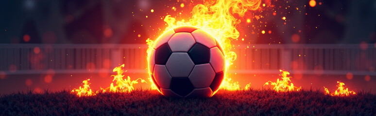 Naklejka premium Flaming soccer ball on fiery field - perfect for sports blogs, game websites, football event promotions, or energetic social media banners