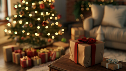 A Christmas tree, adorned with colorful decorations, alongside a gift box beautifully wrapped in a glossy ribbon, laid out in front of wall