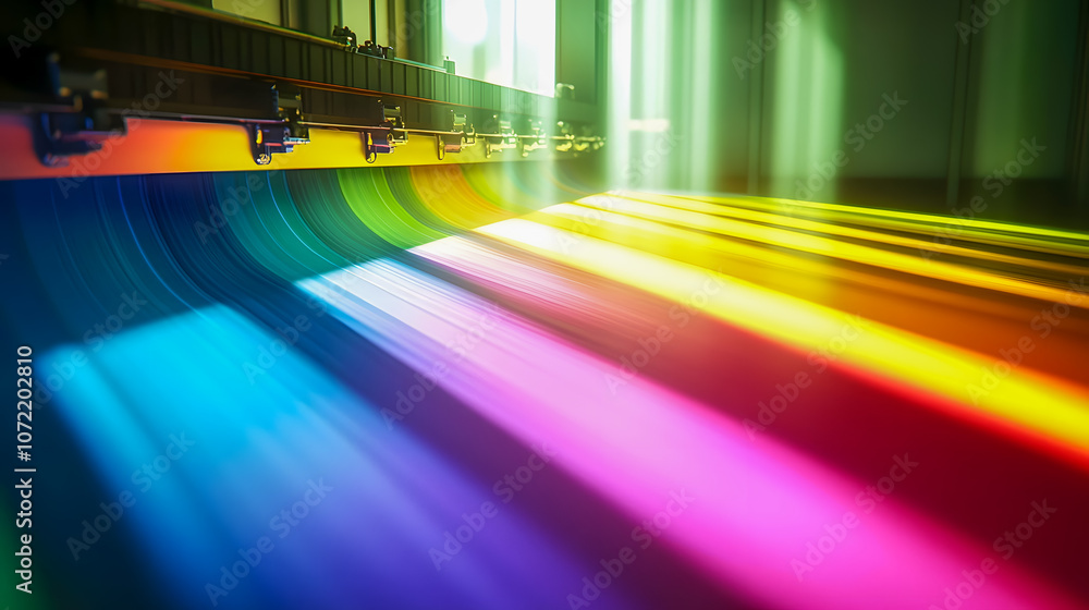 Poster vibrant flow of colorful ribbons in a printing workshop setting with light reflection and rainbow sp