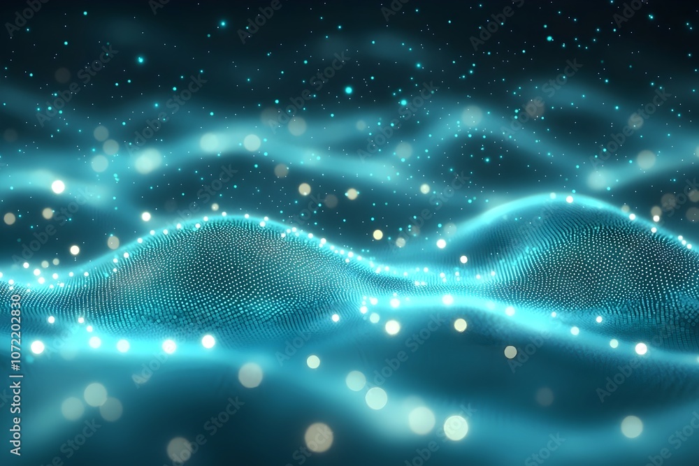 Poster a mesmerizing abstract representation of glowing blue waves, filled with sparkling lights, creating 