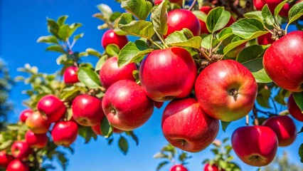 Obraz premium Close-up view of bright red apples hanging on a lush green apple tree branch under a clear blue sky