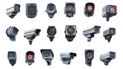 Various types of surveillance cameras displayed on a light background for technology analysis