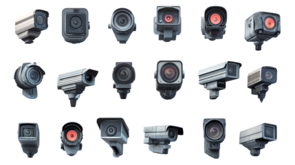 Various types of surveillance cameras displayed on a light background for technology analysis