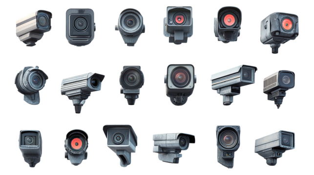 Various types of surveillance cameras displayed on a light background for technology analysis