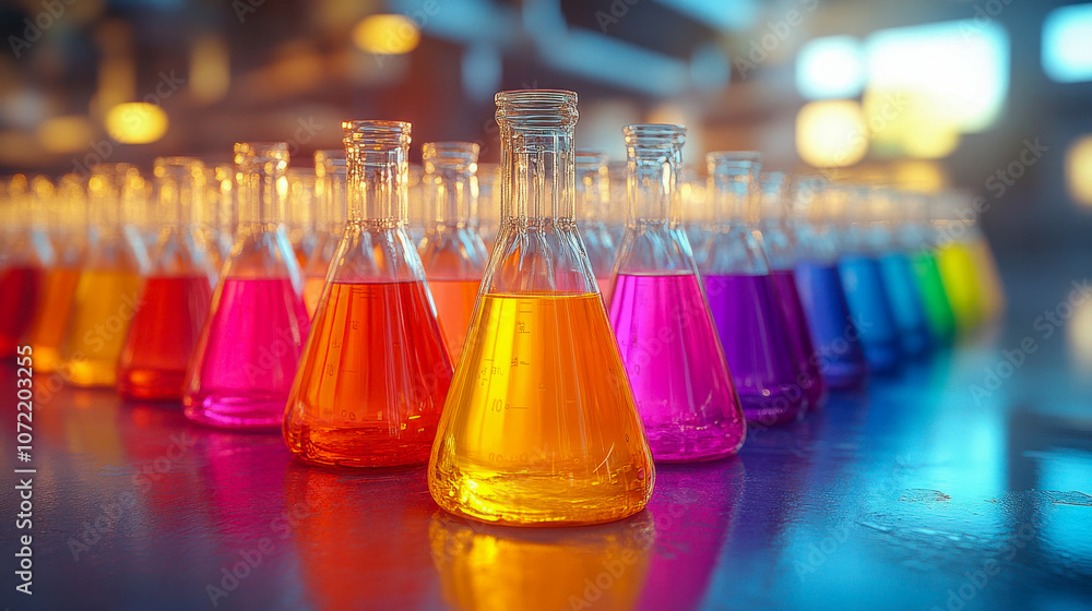 Poster a row of vibrant laboratory flasks filled with colorful liquids, arranged in a gradient