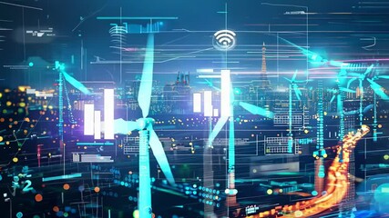 Futuristic cityscape with wind turbines and digital overlay at night - Powered by Adobe