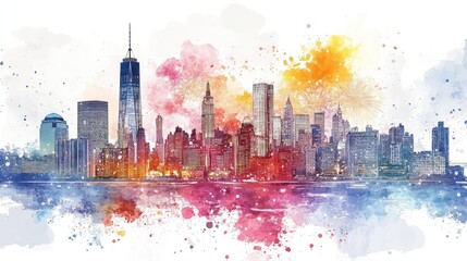 City skyline with New Year fireworks flat design front view winter theme watercolor Triadic Color Scheme