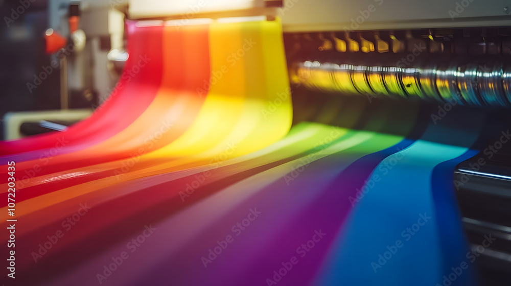 Poster vibrant rainbow colors flowing from a printing machine in a modern print studio showcasing colorful 