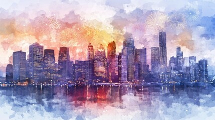 City skyline with New Year fireworks flat design front view winter theme watercolor Triadic Color Scheme