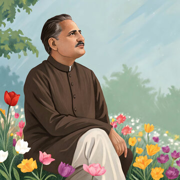 A serene portrait of Allama Iqbal, surrounded by blooming flowers, symbolizes inspiration, beauty.