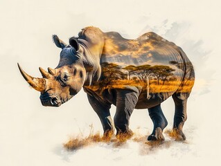 Rhino silhouette, African savannah landscape inside, double exposure, golden hues, powerful presence