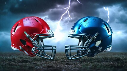Red and blue american football helmets confront each other against a stormy backdrop, highlighting competitive spirit of the sport game