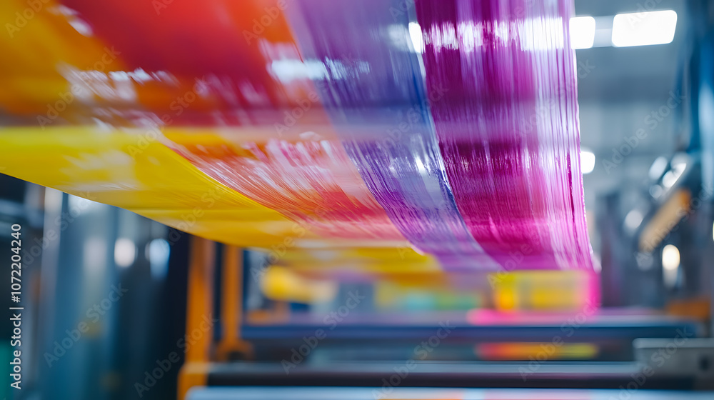 Poster vivid colors flowing in modern printing machine, capturing the dynamic process of print production w