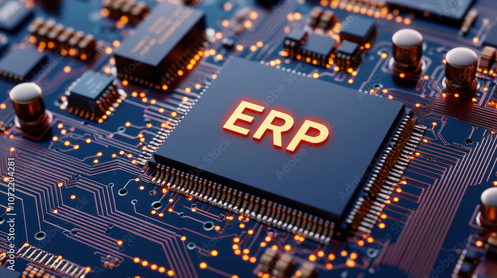 Poster 3d rendering of erp text on circuit board with neon light effect, showcasing technology and innovati