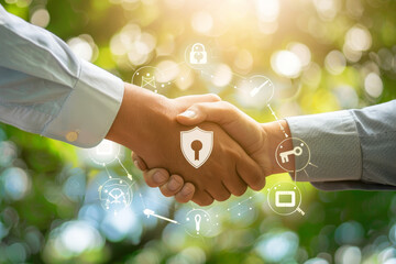 Una stretta di mano tra un cliente e un agente assicurativo in un ambiente luminoso e accogliente, con icone che rappresentano sicurezza e protezione