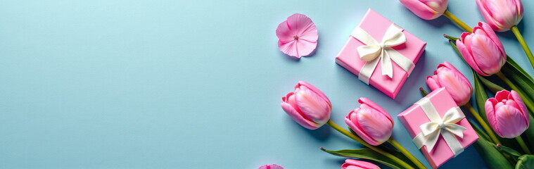 Pink tulips and gift boxes on blue background - perfect for Mother's Day blogs, spring celebration websites, floral greeting cards or romantic event invitations