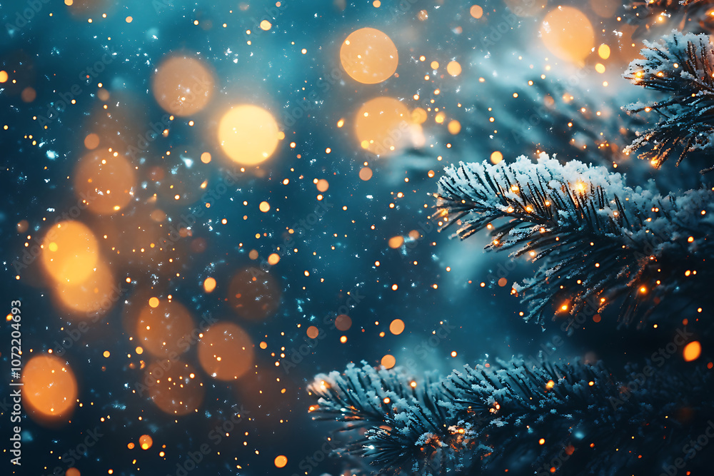 Poster magical abstract christmas background with snow and glowing lights. generative ai.