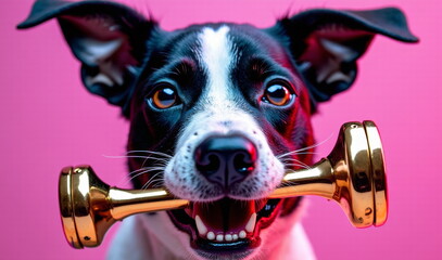 Playful dog holding golden dumbbell - perfect for pet fitness blogs, veterinary websites, social media posts about active pets, or canine health awareness campaigns