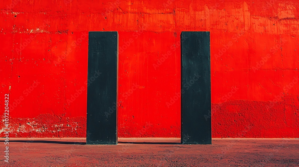 Poster symmetrically placed black columns against vibrant red background highlighting modern architecture a