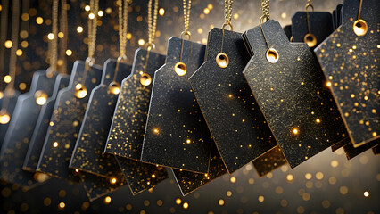 Fototapeta premium Wave-Like Black Shopping Tags with Golden Sparkles. Perfect for: Holiday Sales, Black Friday
