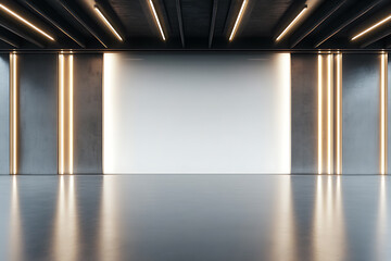 Glossy light partition with copyspace in modern industrial style hall with lamps on ceiling and concrete floor, 3D rendering, mock up