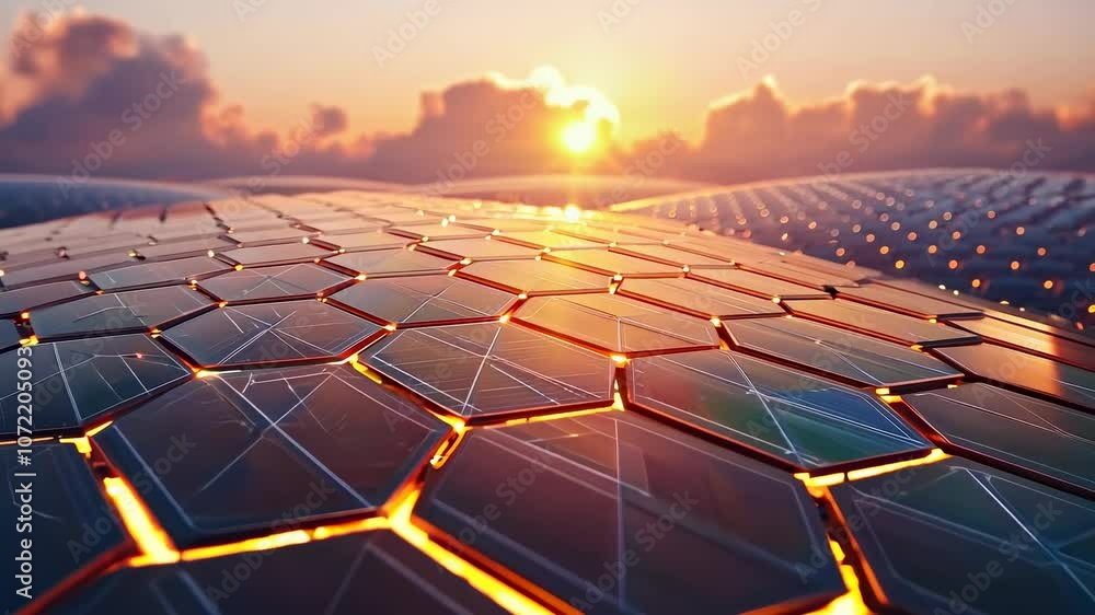 Poster futuristic hexagonal surface with glowing elements at sunset