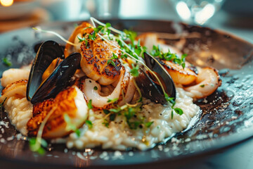 Un piatto di risotto ai frutti di mare, con cozze e calamari 