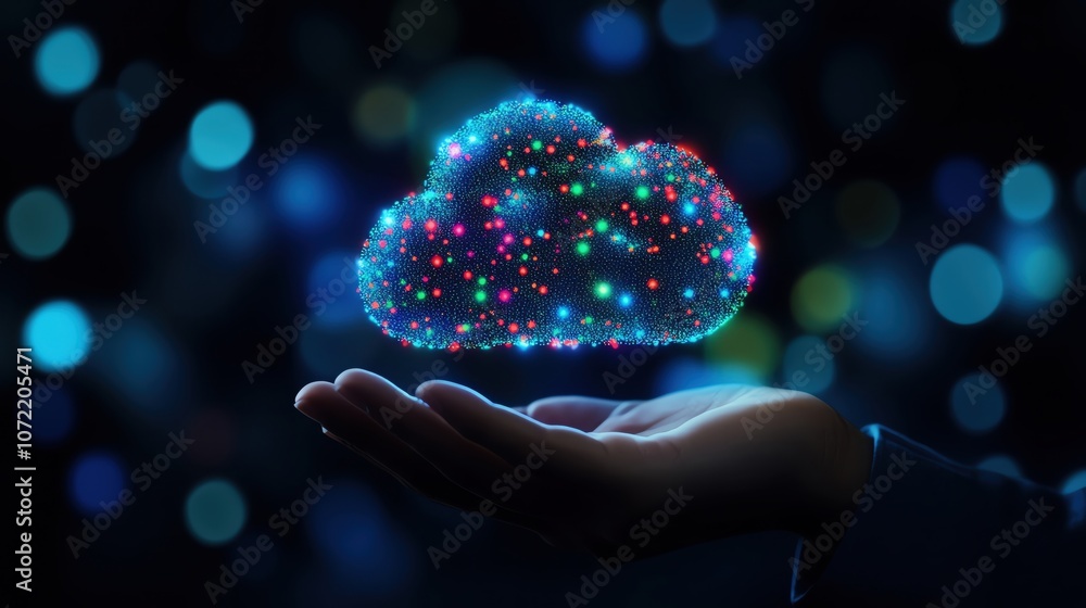 Poster a glowing digital cloud held in a hand, symbolizing cloud computing and technology.