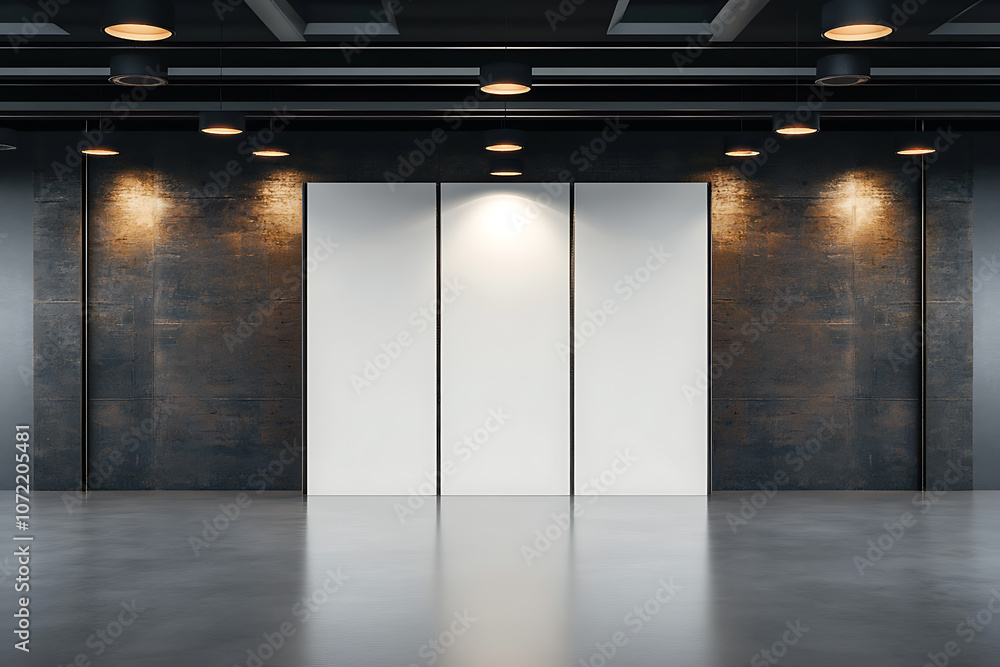 Poster glossy light partition with copyspace in modern industrial style hall with lamps on ceiling and conc