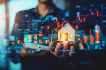 Un investitore sorridente che tiene in mano una casa giocattolo su uno sfondo sfocato con grafici finanziari in aumento