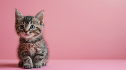 Fototapeta premium A cute tabby kitten sits on a pink background