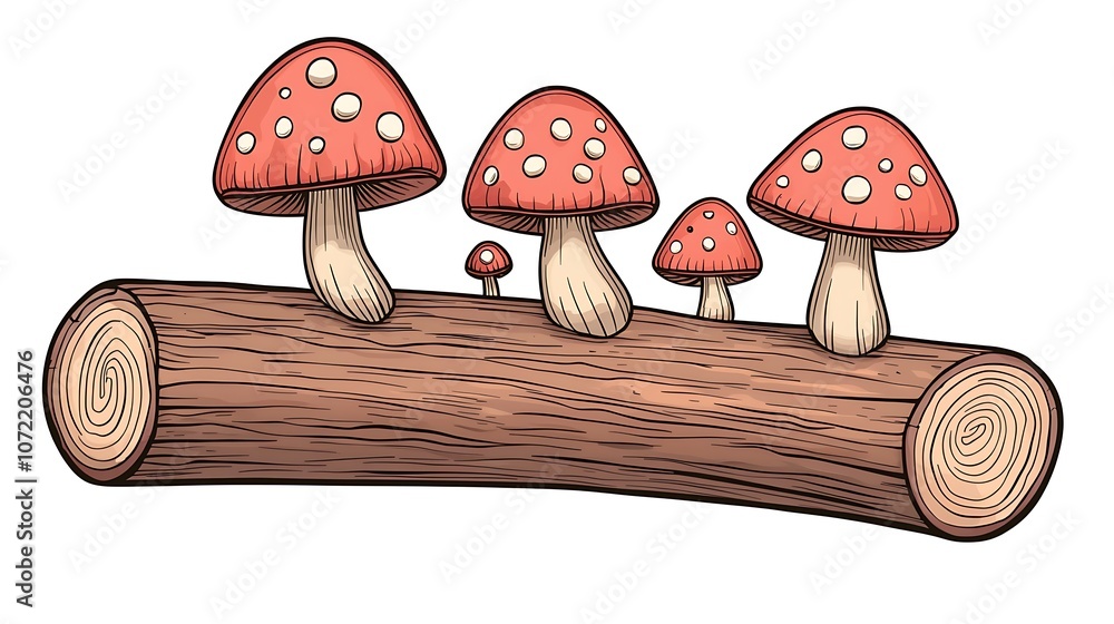 Poster charming vector cartoon art of colorful mushrooms growing on a log, featuring playful design element