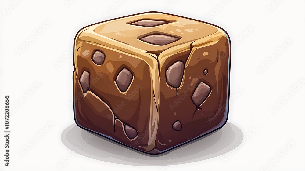 Poster brown cartoon rock cube vector art for game design, featuring a unique textured surface and bold col