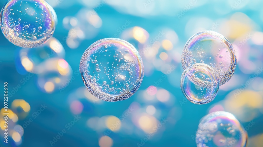 Poster a close-up of iridescent soap bubbles floating against a blue background with blur and bokeh.