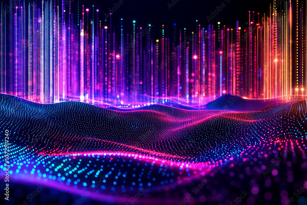 Poster abstract glowing dots and lines creating a digital landscape on a dark backdrop, embodying the conce