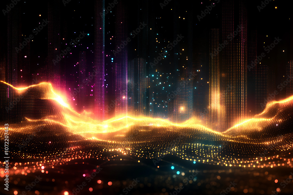 Poster abstract glowing dots and lines creating a digital landscape on a dark backdrop, embodying the conce