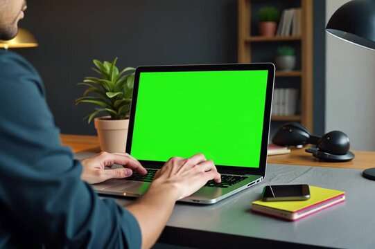 Close-Up of Designer Working on Laptop with Green Screen Mockup | Adobe Stock 4K Video for Artistic Presentations