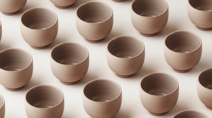 A neat arrangement of unglazed ceramic bowls in a light setting, showcasing their simple design and earthy tones.