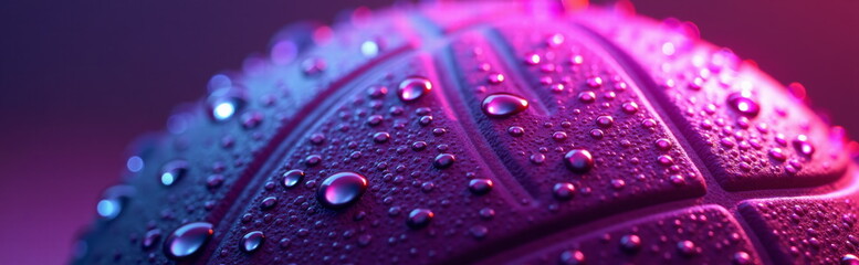 Vibrant water droplets on neon-lit basketball - perfect for sports websites, fitness blogs, motivational posters, or artistic photography portfolios