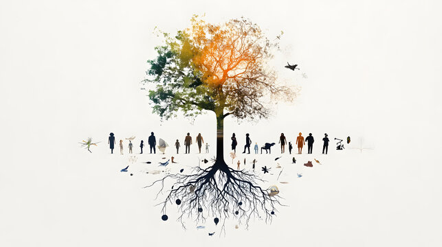 artistic family tree with intricate roots and branches, symbolizing connection and growth