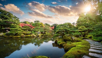 Paths meander through lush greenery and serene spaces.  