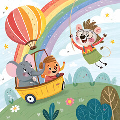 A playful cartoon-style illustration bursting with vibrant colors and imaginative characters.
