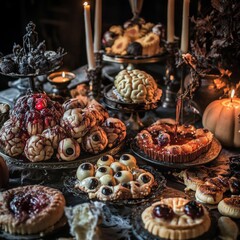 Spooky Halloween Dessert Table with Eyeball Cookies and Blood-Stained Cake.