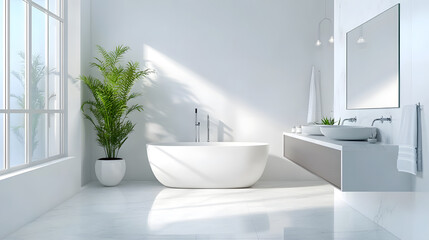 Fototapeta premium Luxurious modern bathroom with sleek design, natural light, and greenery