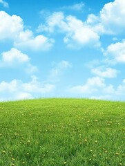 Obraz premium A serene landscape featuring a grassy hill under a bright blue sky with fluffy clouds.